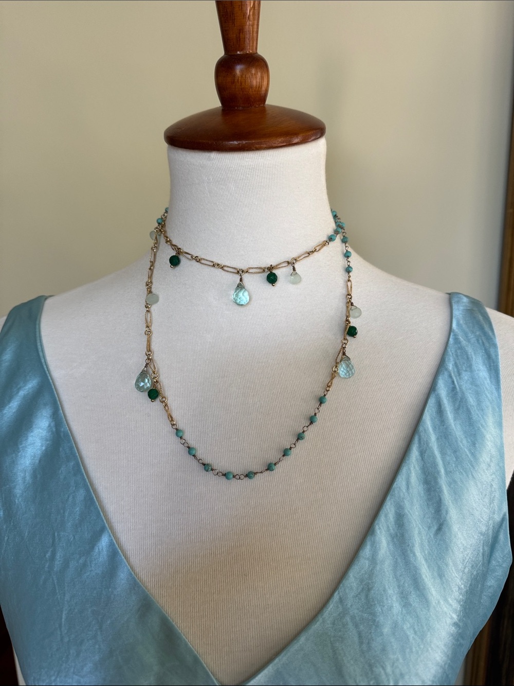 Long authentic turquoise, amethyst, gem stones, gold filled necklace